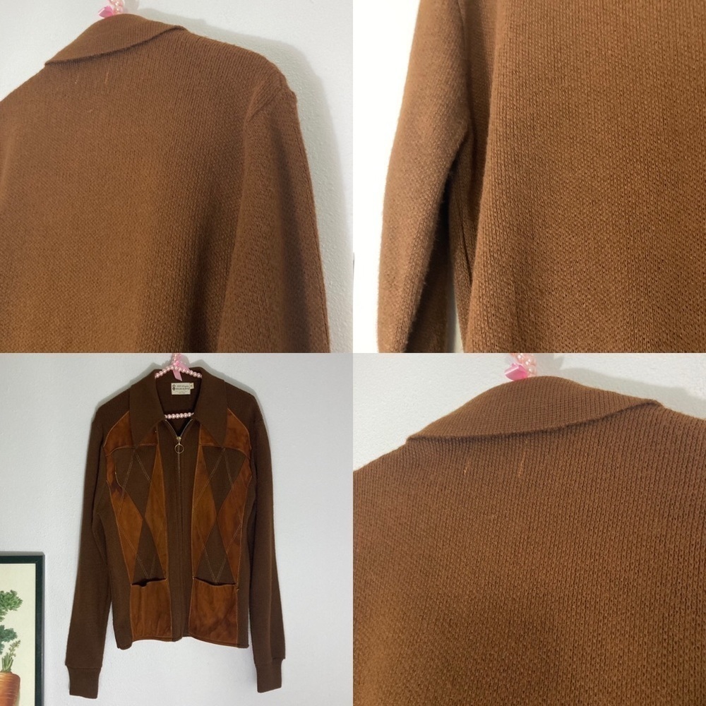 Vintage brown diamond virgin Orlon acrylic zip up cardigan size M - Picture 12 of 16